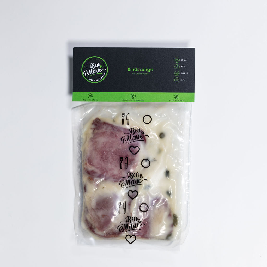 Rindszunge an Kapernsauce im Plastikbeutel