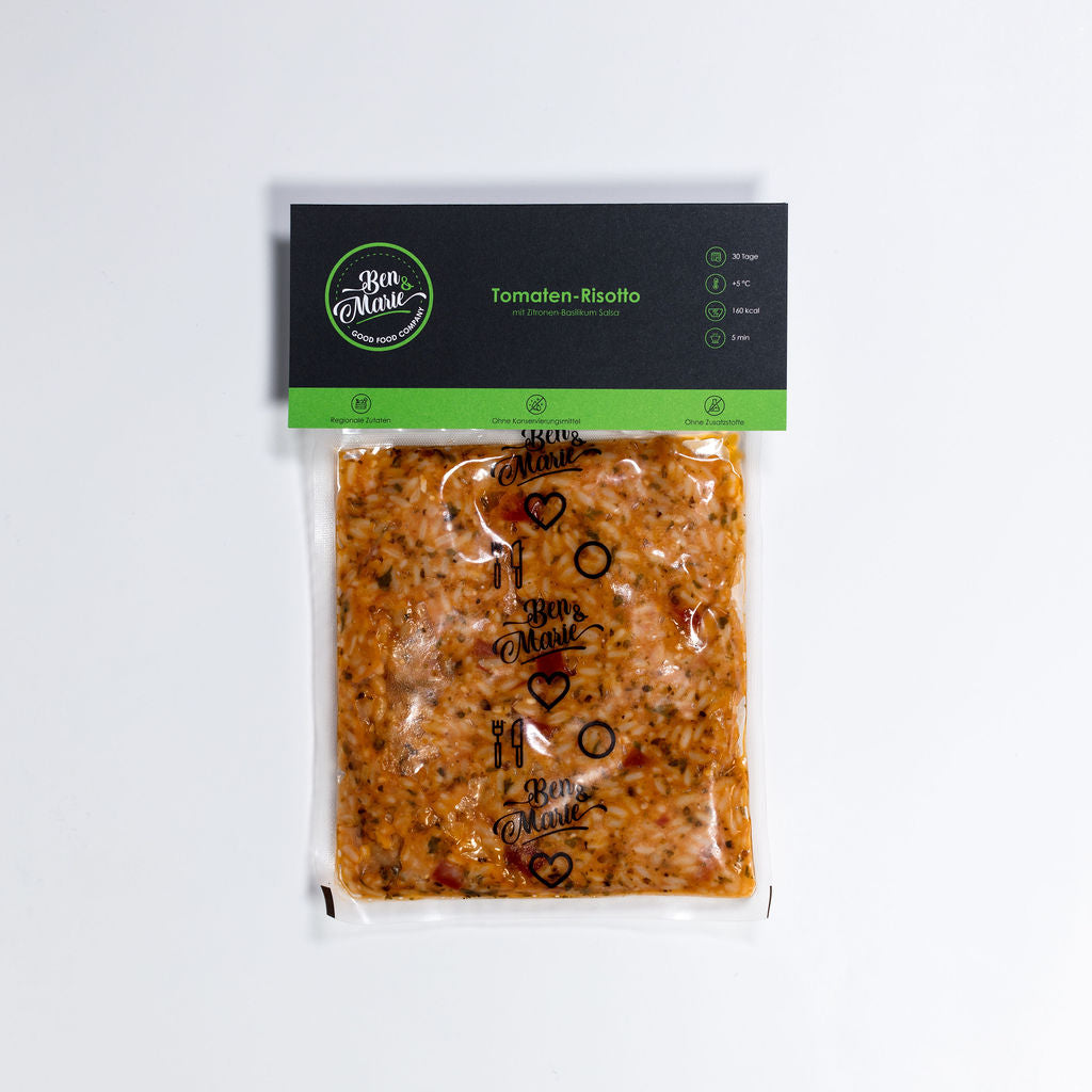 Tomaten-Risotto mit Zitronen-Basilikum Salsa im Sous-Vide beutel