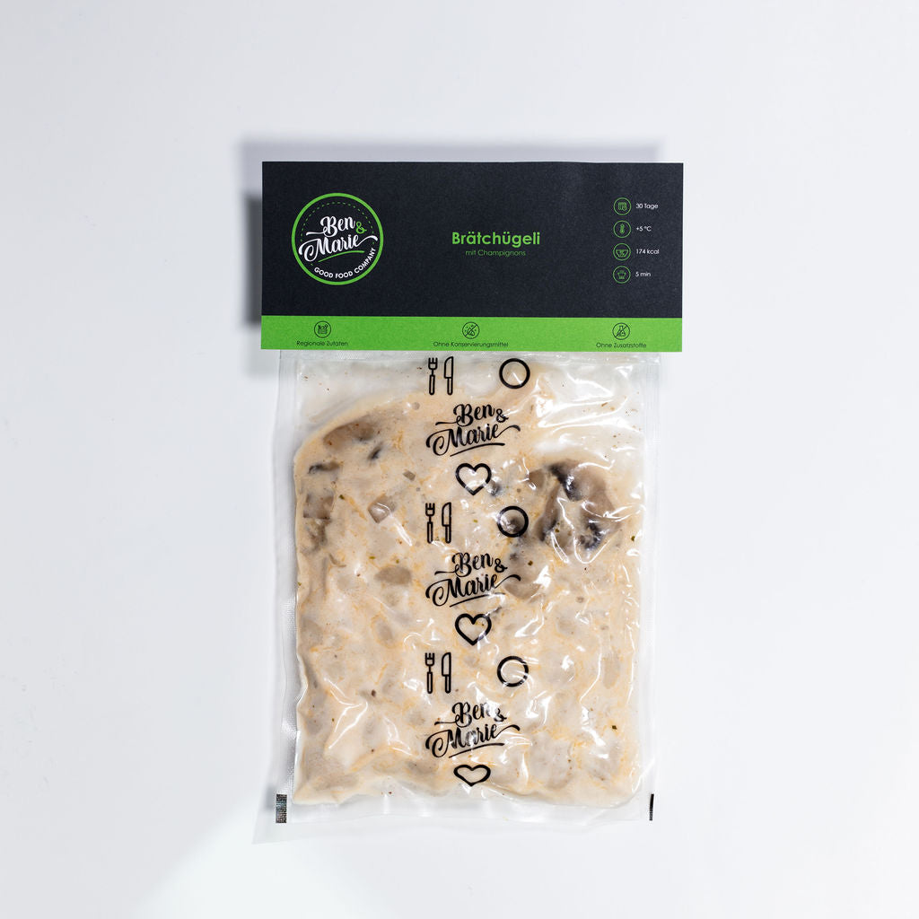 Brätchügeli an Champignons in Sous-vide Beutel