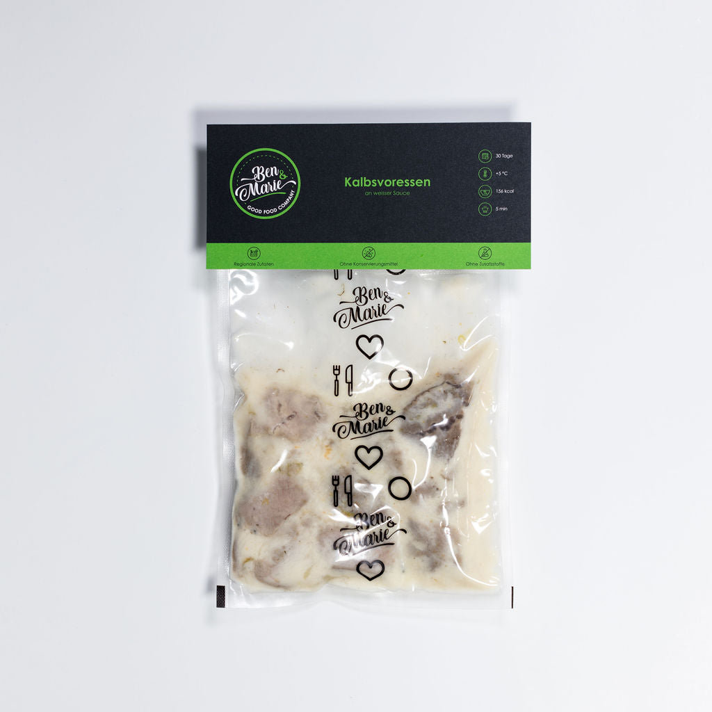 Kalbsvoressen an weisser Sauce im Plastikbeutel