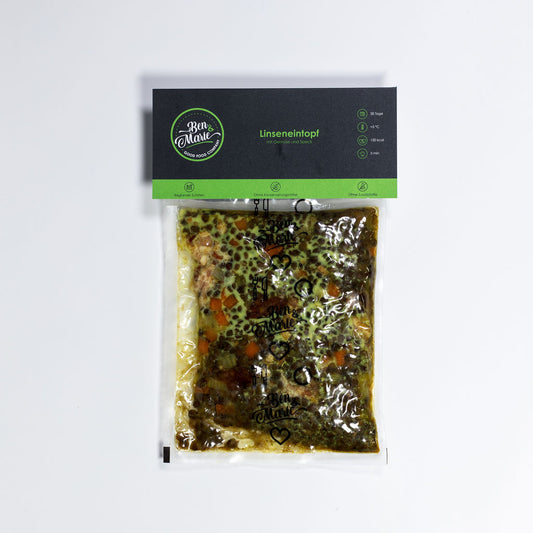 Linseneintopf mit Gemüse & Speck im Plastikbeutel