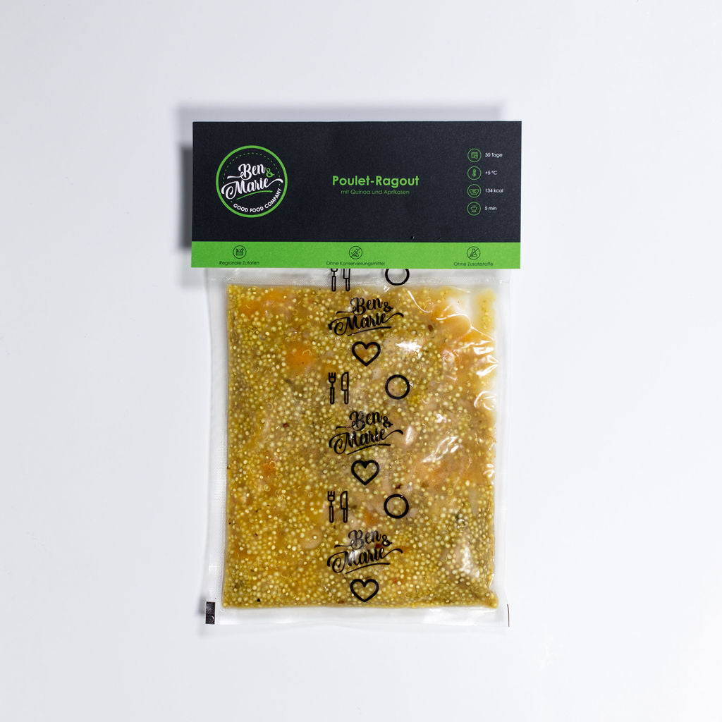Poulet-Ragout mit Quinoa und Aprikosen im Plastikbeutel 